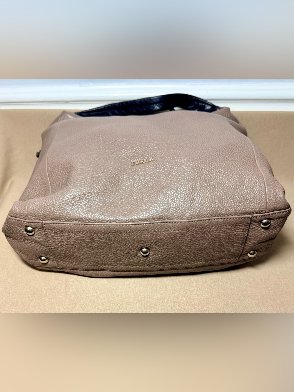 Furla Taupe Grey Pebbled Leather Hobo Shoulder Bag | Side Zip Expansion Panels - Picture 13 of 14
